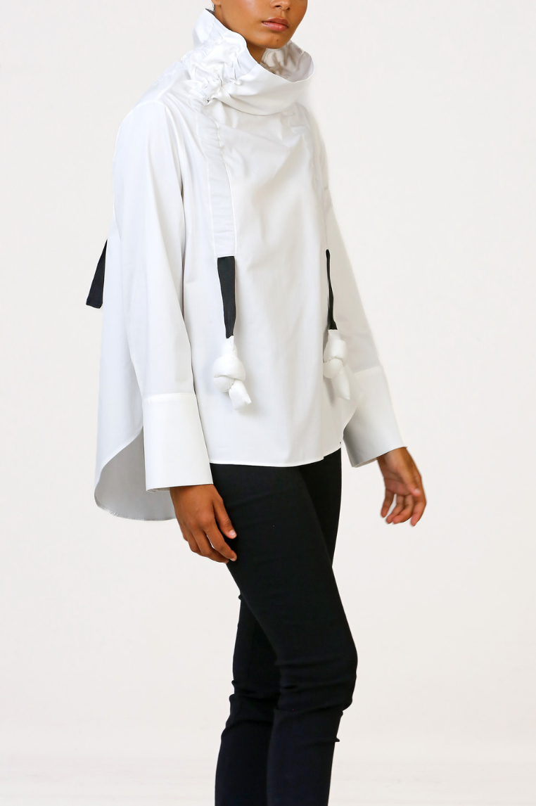 High Collar Gathered Blouse - White